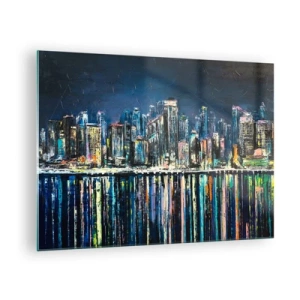 Schilderen op glas - Panorama van de stad bij nacht met de lichten weerspiegeld in het water - 70x50cm - Cascade van lichten - Moderne wanddecoratie voor woonkamer en slaapkamer ARTTOR