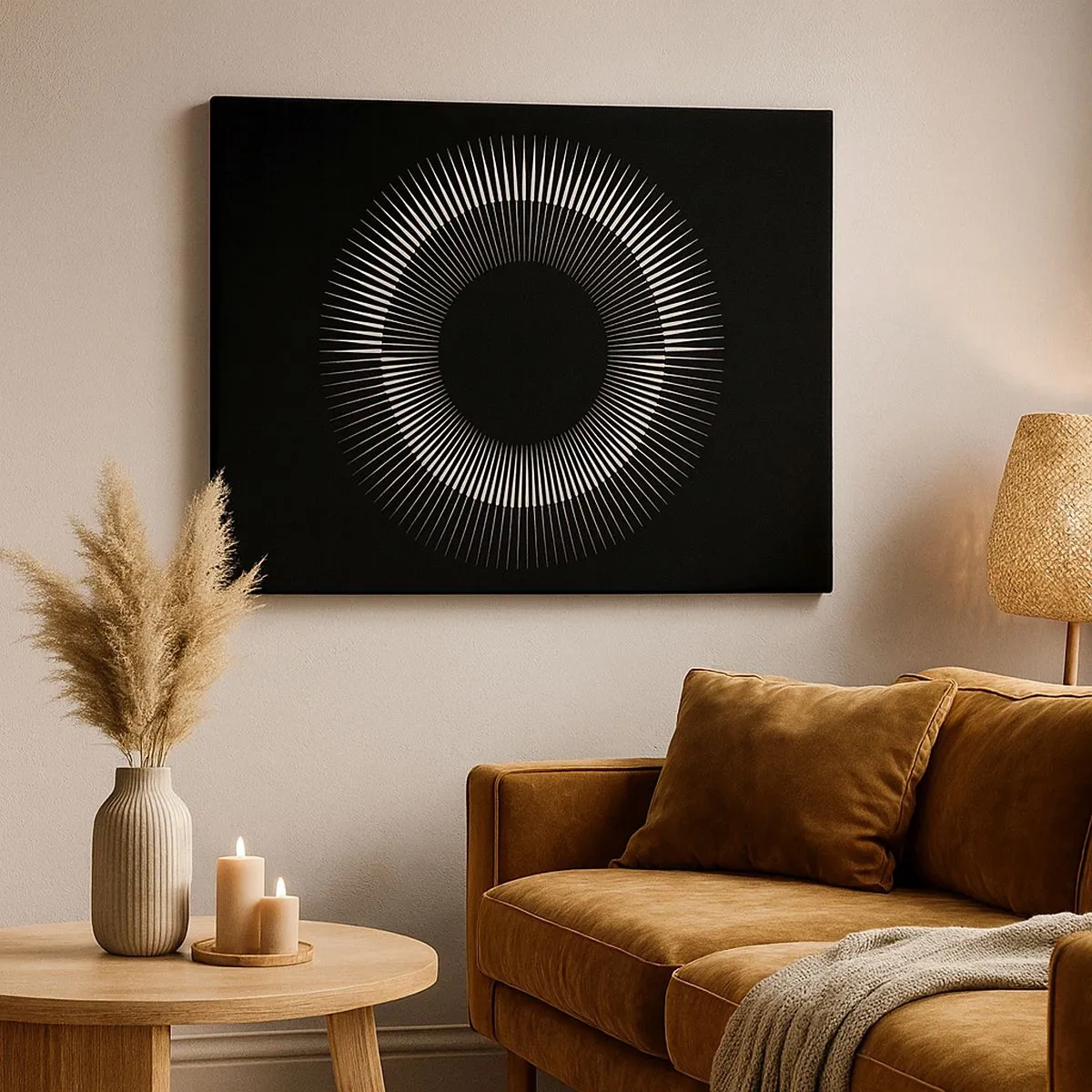 Schilderen op canvas - Grafische cirkel met stralen in zwart-wit - 70x50cm - Zwarte zon - Moderne wanddecoratie voor woonkamer en slaapkamer ARTTOR