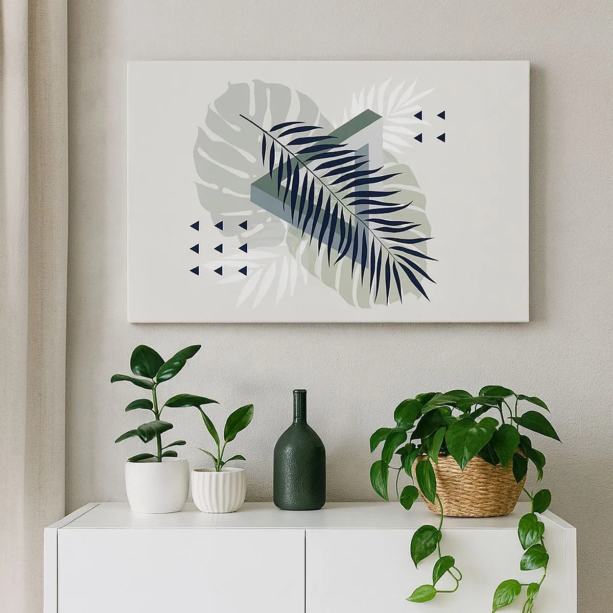 Schilderen op canvas - Geometrische compositie met tropische bladeren in tinten groen - 70x50cm - Natuur en geometrie - twee orden? - Moderne wanddecoratie voor woonkamer en slaapkamer ARTTOR