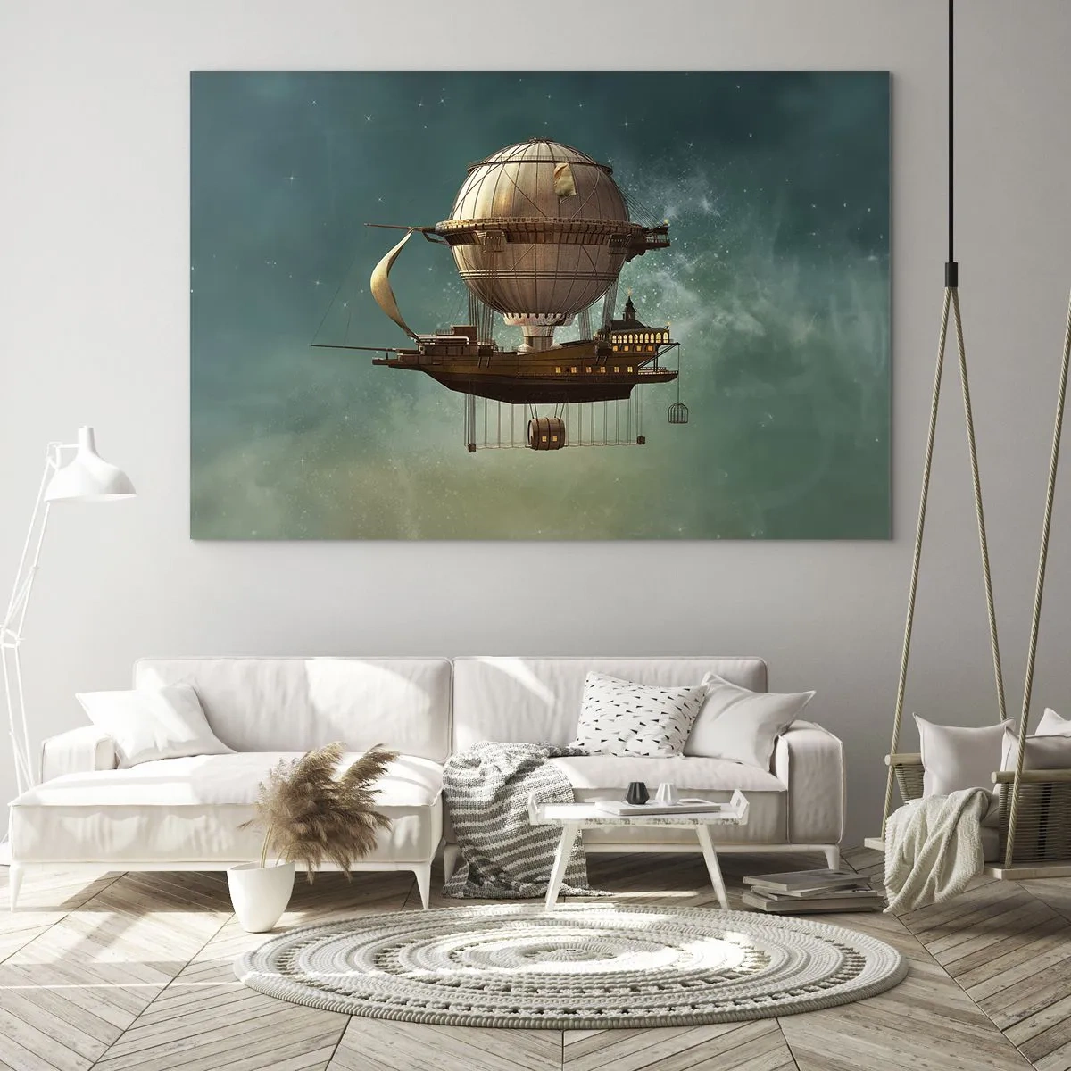 Schilderen op glas - Een vliegend luchtschip met een retro-stijl huis in de lucht - 70x50cm - Jules Verne groet - Moderne wanddecoratie voor woonkamer en slaapkamer ARTTOR