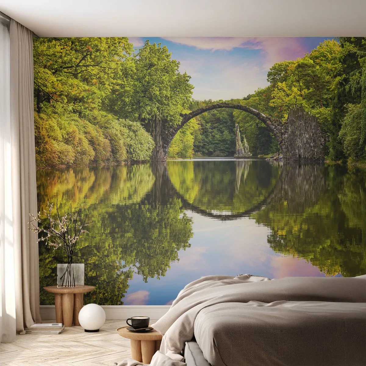 Fotobehang Premium Sand - Op de kruising van twee werelden - Landschap, Rivier, Brug - 100x70 cm