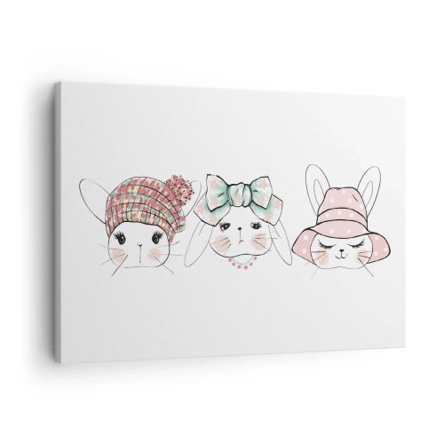 Schilderen op canvas - Schattige konijntjes met pastelkleurige hoofddeksels - 70x50cm - Peinzend, verdrietig, tevreden - Moderne wanddecoratie voor woonkamer en slaapkamer ARTTOR