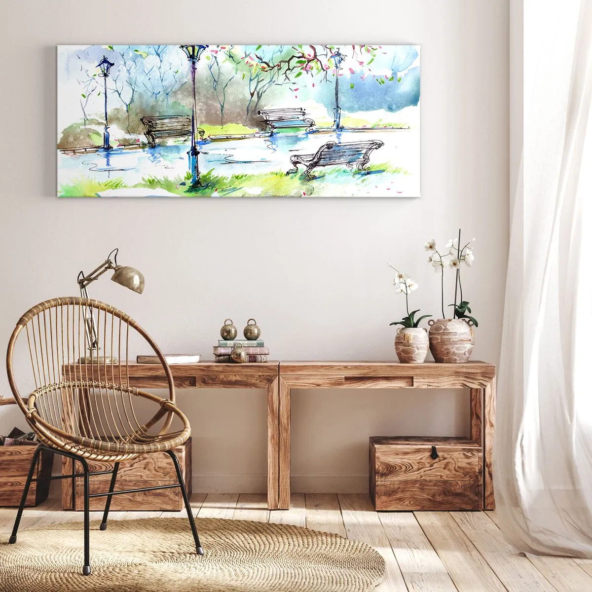 Schilderen op canvas - De charme van de stilte van het park - 100x40 cm