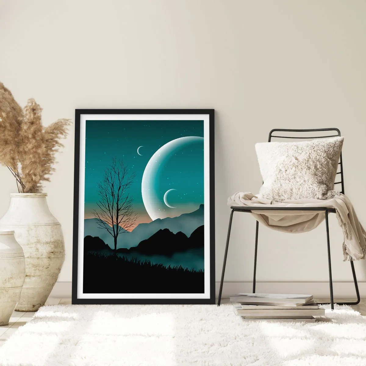 Poster in een zwarte lijst - Artistiek landschap met de maan tegen de achtergrond van bergen en bomen - 50x70cm - Carneval in Sterrennacht - Moderne wanddecoratie voor woonkamer en slaapkamer ARTTOR