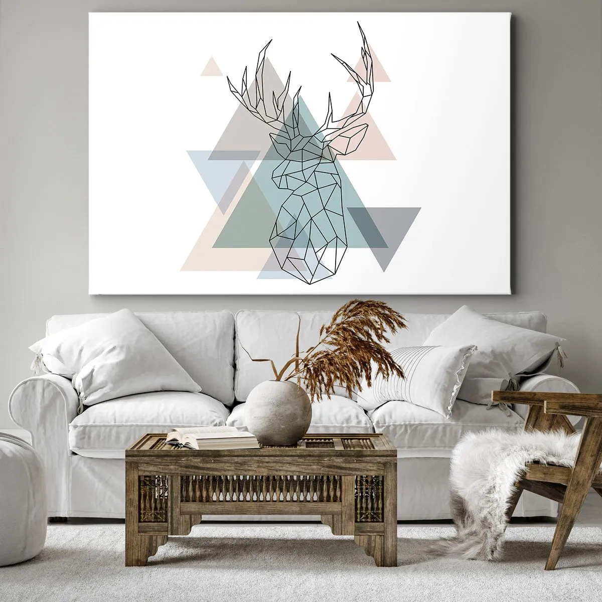 Schilderen op canvas - Geometrische herten op een achtergrond van pastelkleurige driehoeken - 70x50cm - In een geometrisch bos - Moderne wanddecoratie voor woonkamer en slaapkamer ARTTOR