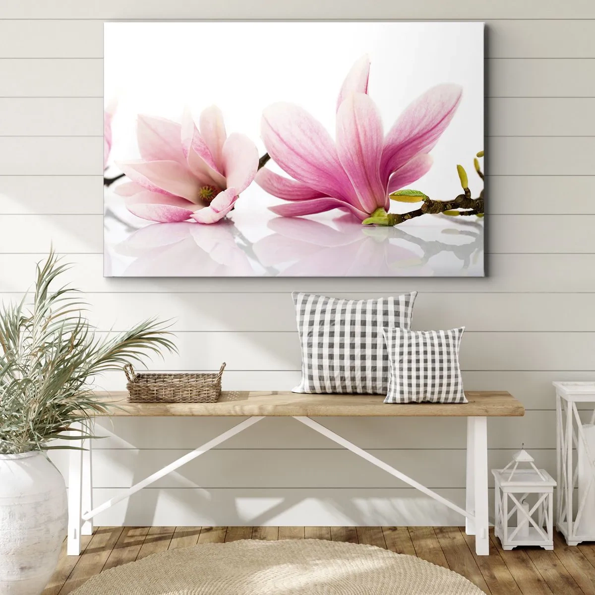 Schilderen op canvas - Delicate roze magnolia's op een witte achtergrond - 70x50cm - Delicaat als een lentebriesje - Moderne wanddecoratie voor woonkamer en slaapkamer ARTTOR