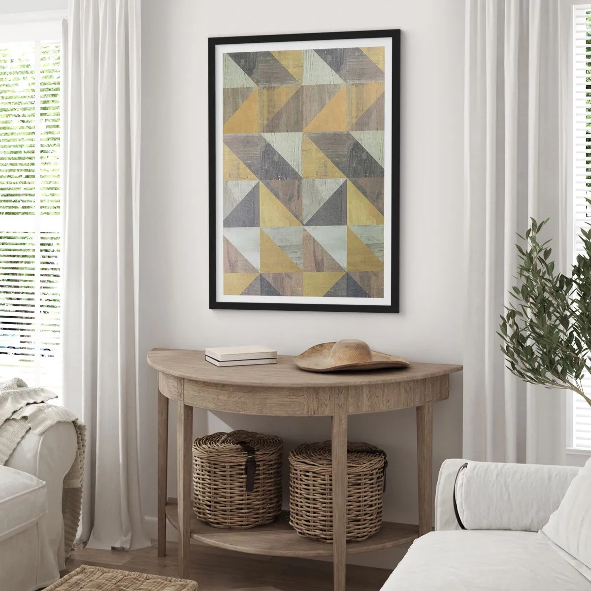 Poster in een zwarte lijst - Geometrisch patroon in tinten goud en grijs - 50x70cm - Op de hoek van de driehoek - Moderne wanddecoratie voor woonkamer en slaapkamer ARTTOR