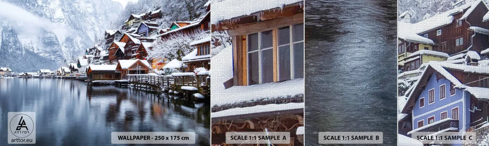 Fotobehang Monster Premium Canvas - In winterdecoratie - Landschap, Bergnederzetting, Winter - 100x30 cm