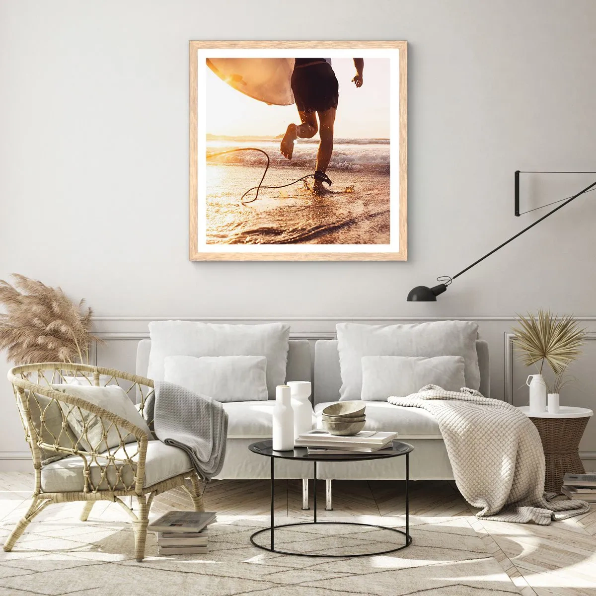 Een poster in een licht eiken lijst - Om de golf te ontmoeten - 60x60 cm