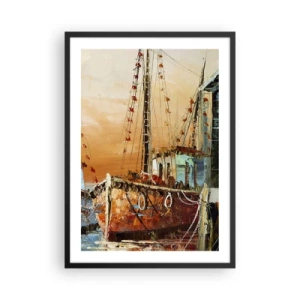 Poster in een zwarte lijst - Een zeilschip tegen de achtergrond van de ondergaande zon - 50x70cm - Een vreedzame terugkeer - Moderne wanddecoratie voor woonkamer en slaapkamer ARTTOR