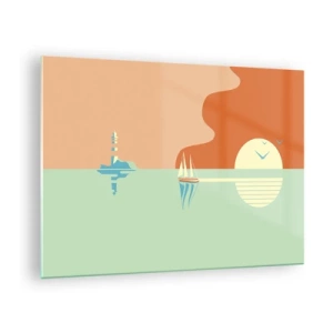 Schilderen op glas - Een minimalistische zonsondergang met een zeilboot en een vuurtoren - 70x50cm - Het perfecte zeelandschap - Moderne wanddecoratie voor woonkamer en slaapkamer ARTTOR