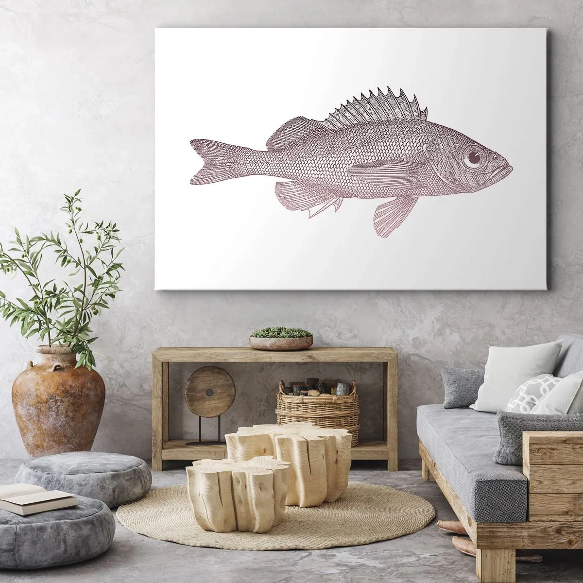 Schilderen op canvas - Gedetailleerde illustratie van een vis op een witte achtergrond - 70x50cm - Grote ogen vis - Moderne wanddecoratie voor woonkamer en slaapkamer ARTTOR