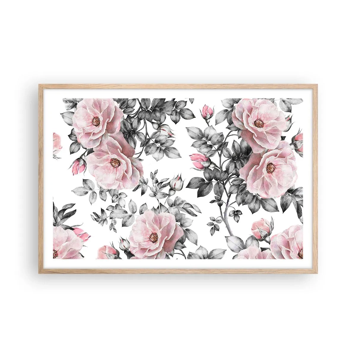 Een poster in een licht eiken lijst - Verdwalen in de bloemen van de rozen - 91x61 cm