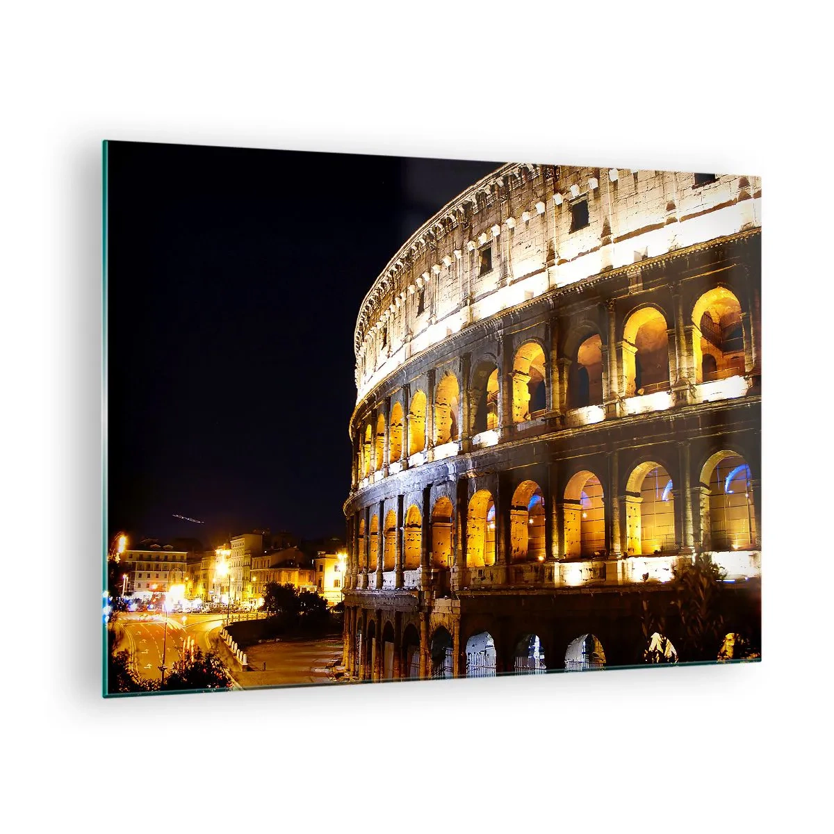 Schilderen op glas - Het Colosseum 's nachts met verlichte bogen - 70x50cm - Het is tijd om de Olympische Spelen te starten - Moderne wanddecoratie voor woonkamer en slaapkamer ARTTOR