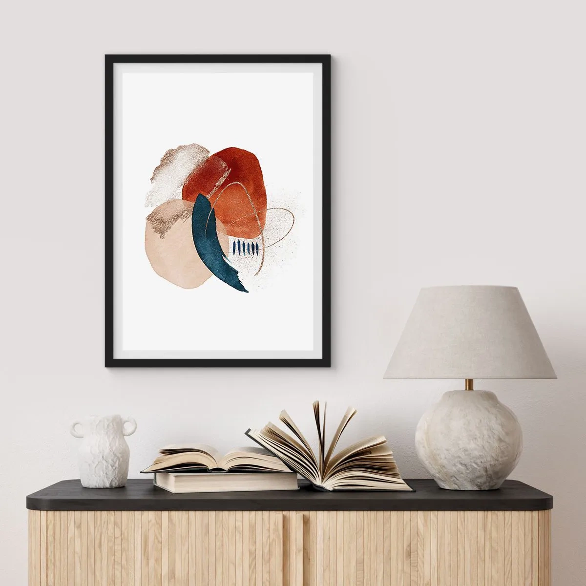 Poster in een zwarte lijst - Abstracte ovale compositie in warme kleuren - 50x70cm - Ovale compositie - Moderne wanddecoratie voor woonkamer en slaapkamer ARTTOR