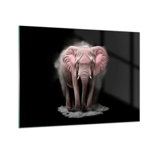 Schilderen op glas - Een roze olifant op een zwarte achtergrond, omgeven door een stofwolk. - 70x50cm - Denk niet aan een roze olifant! - Moderne wanddecoratie voor woonkamer en slaapkamer ARTTOR