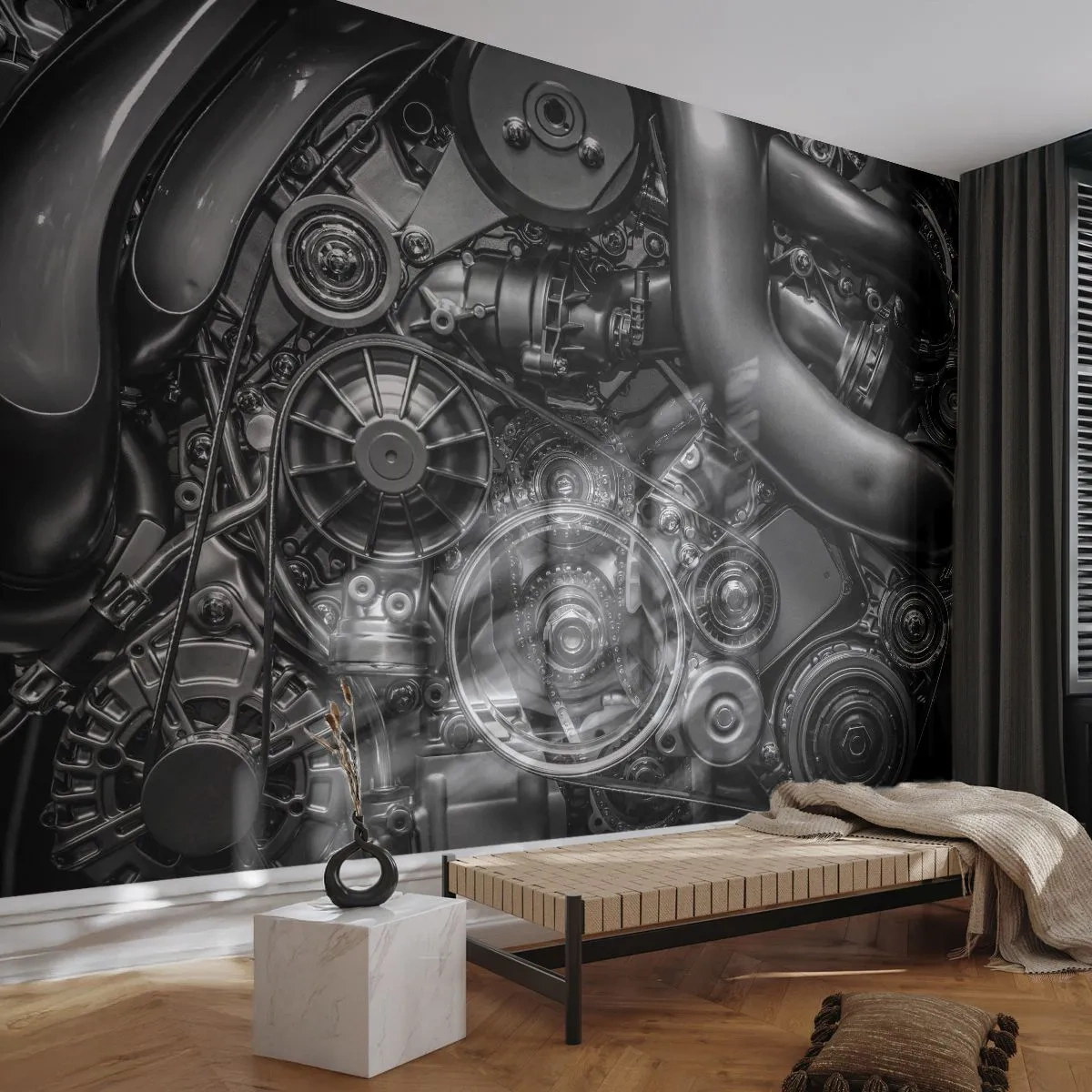 Fotobehang Standard Eco - De poëzie van mechanica - Motor, Monteur, Metaal - 150x105 cm