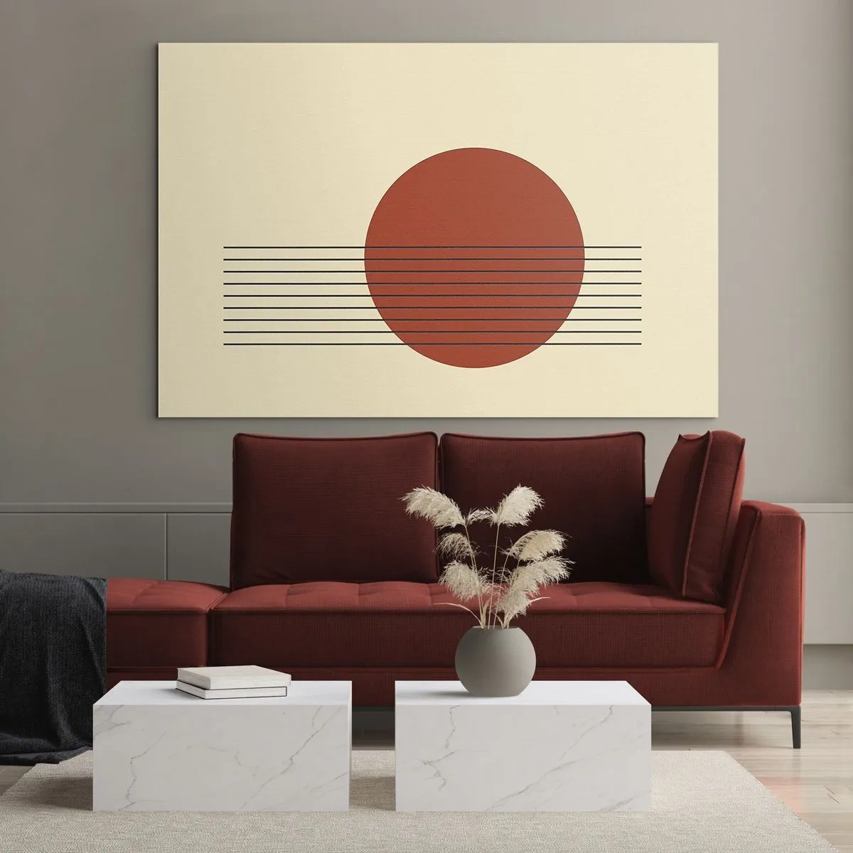Schilderen op glas - Minimalistische afbeelding met rode cirkel en lijnen - 70x50cm - Opnieuw en opnieuw en verder - Moderne wanddecoratie voor woonkamer en slaapkamer ARTTOR
