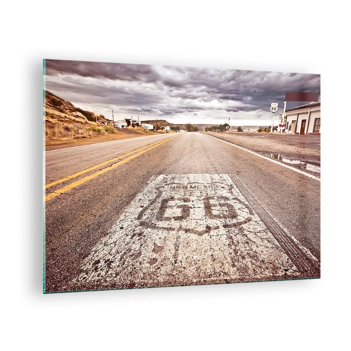 Schilderen op glas - Route 66 met uitzicht op de horizon - 70x50cm - Mother Road - een Amerikaanse legende - Moderne wanddecoratie voor woonkamer en slaapkamer ARTTOR