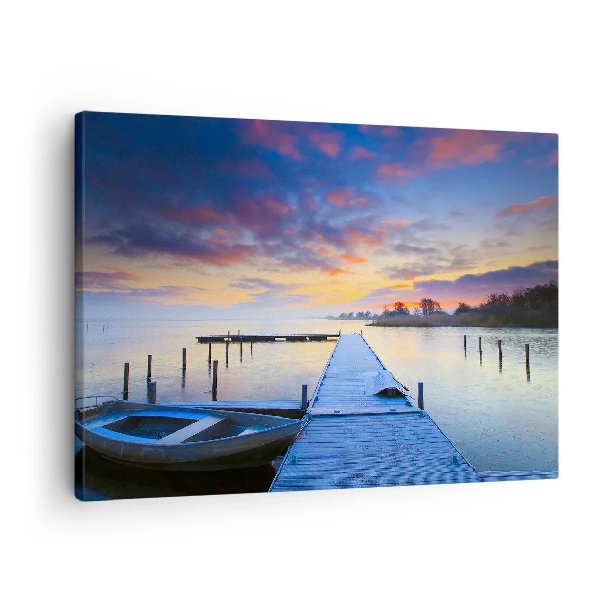 Schilderen op canvas - Een steiger aan het meer bij zonsondergang met een boot aan de oever - 70x50cm - Violet-gouden kalmte - Moderne wanddecoratie voor woonkamer en slaapkamer ARTTOR
