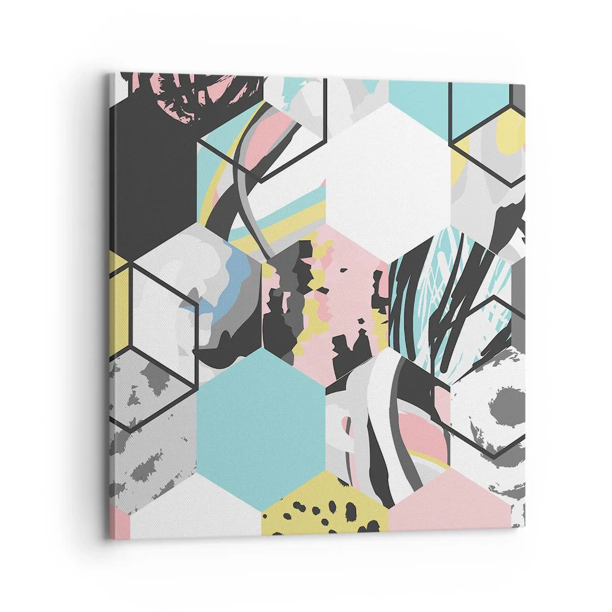 Schilderen op canvas - Zeshoeken en kubussen in zes kleuren - 70x70 cm