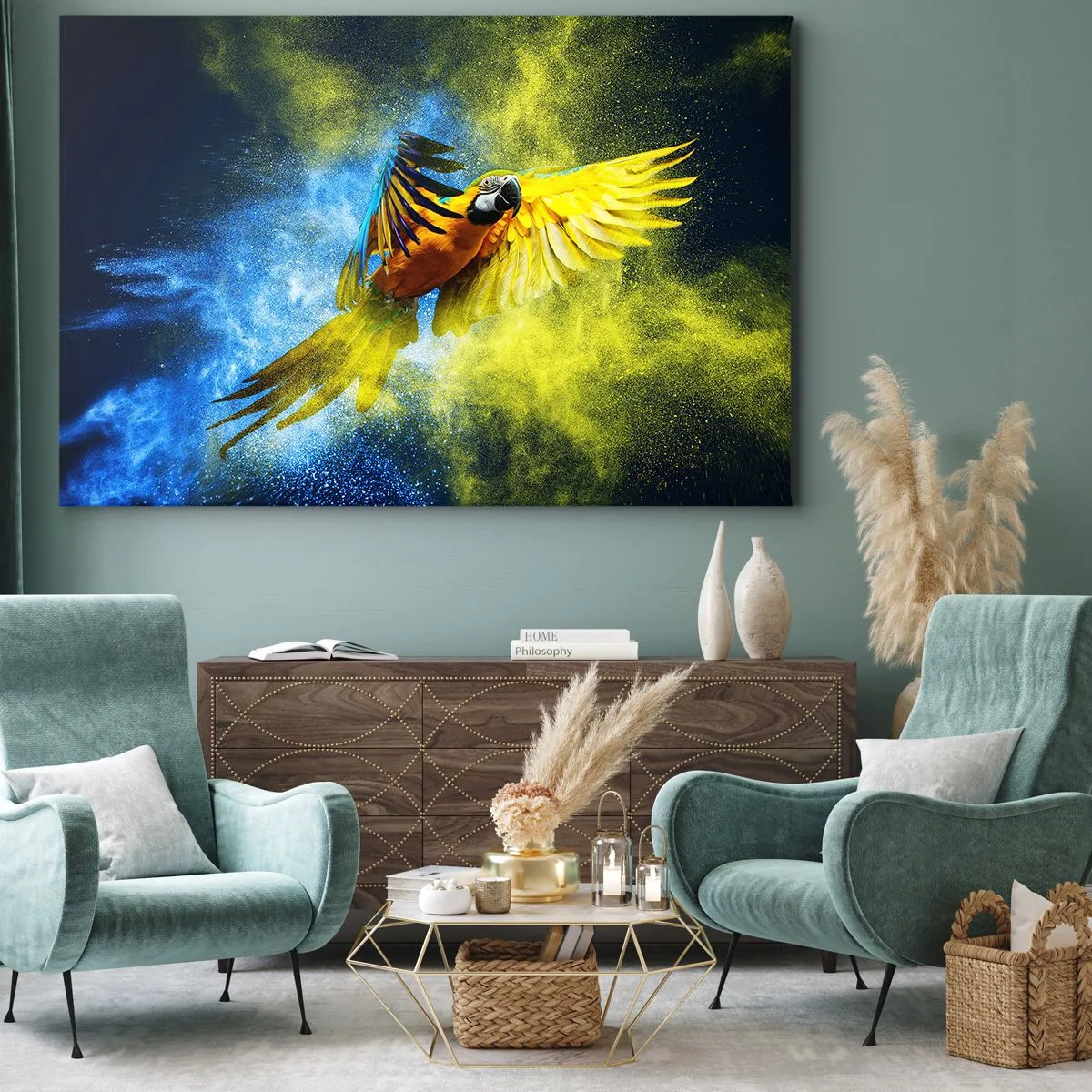 Schilderen op canvas - In het blauwe en gouden stof - 100x70 cm