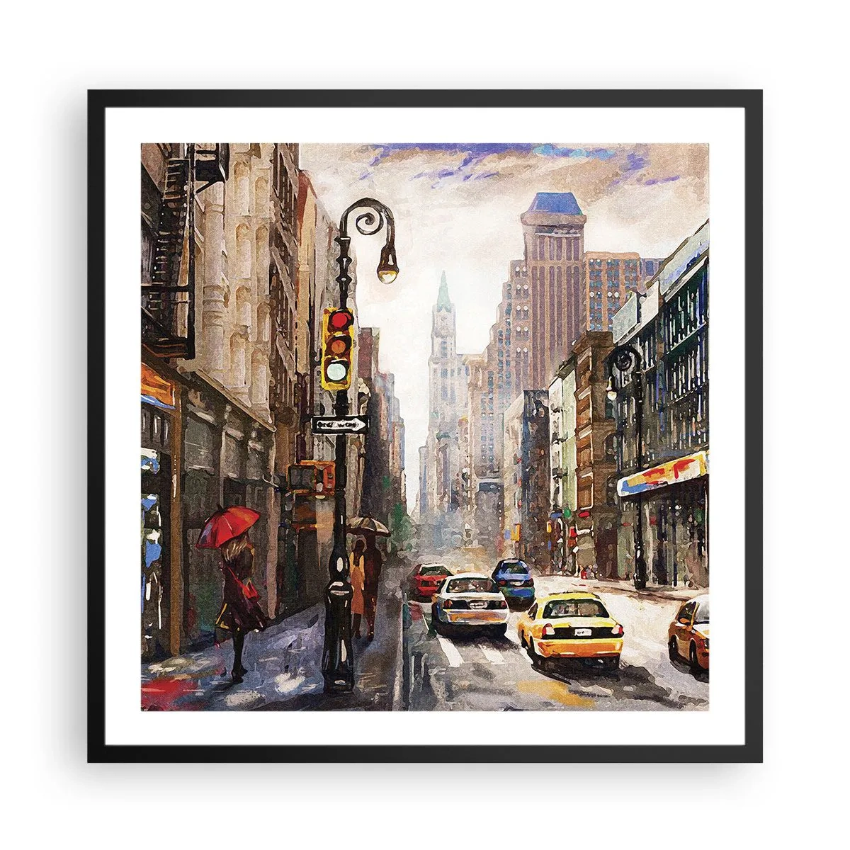 Poster in een zwarte lijst - New York - ook kleurrijk in de regen - 60x60 cm