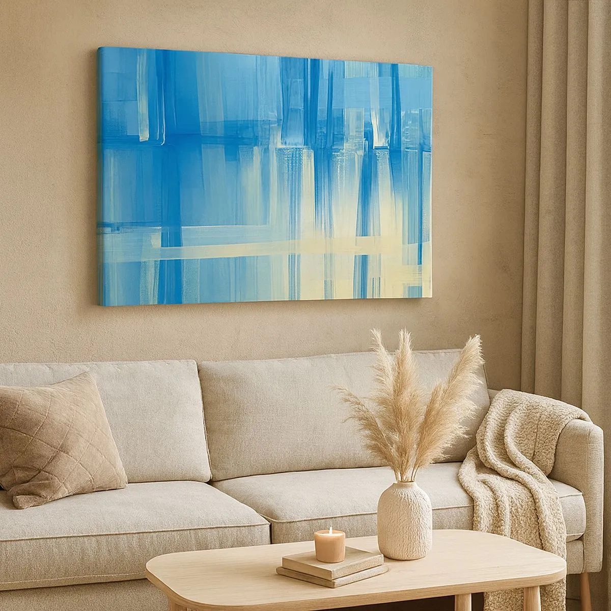 Schilderen op canvas - Een abstract schilderij in tinten turquoise en blauw met geometrische penseelstreken. - 70x50cm - Compositie in turkoois - Moderne wanddecoratie voor woonkamer en slaapkamer ARTTOR