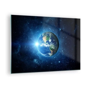 Schilderen op glas - Aarde gezien vanuit de ruimte met lichtstralen - 70x50cm - We zijn in de hemel - Moderne wanddecoratie voor woonkamer en slaapkamer ARTTOR