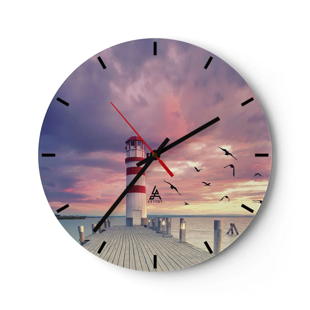 Wandklok - Klok - Vuurtoren bij zonsondergang boven het water - 30x30cm - Het is tijd naar de haven te gaan - Moderne wanddecoratie voor woonkamer, keuken en slaapkamer ARTTOR