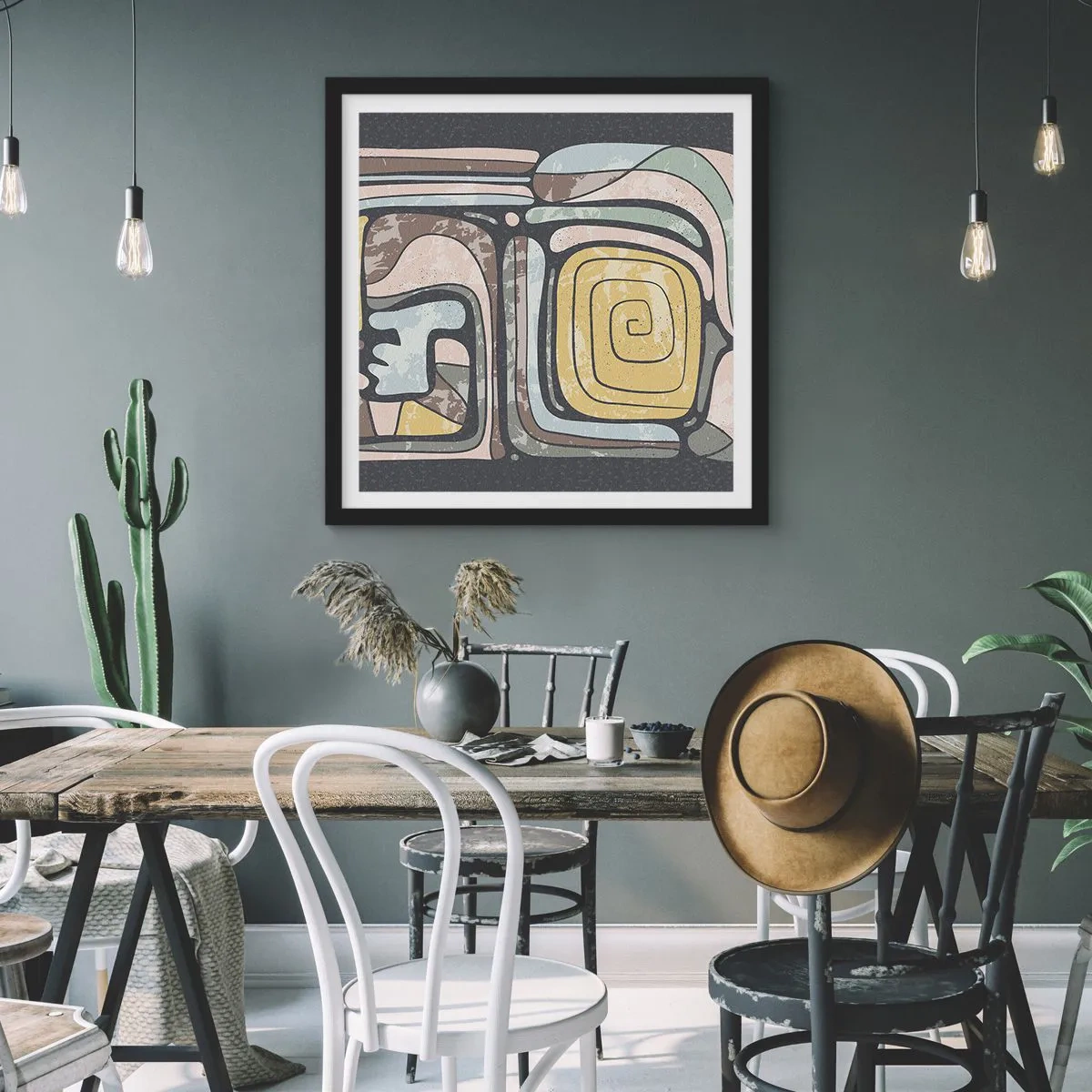 Poster in een zwarte lijst - Abstractie in de precolumbiaanse geest - 60x60 cm