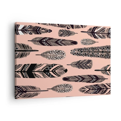 Schilderen op canvas - Decoratieve veren op een lichte achtergrond - 70x50cm - Indiase collectie - Moderne wanddecoratie voor woonkamer en slaapkamer ARTTOR