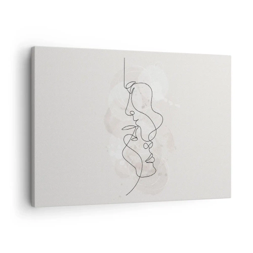Schilderen op canvas - Abstracte omtrek van twee gezichten op een lichte achtergrond - 70x50cm - Verstrikt in een omhelzing - Moderne wanddecoratie voor woonkamer en slaapkamer ARTTOR