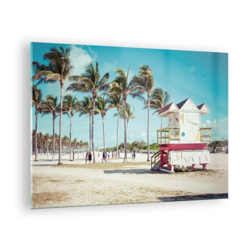 Schilderen op glas - Een strand met palmbomen en een reddingstoren op een zonnige dag - 70x50cm - Je hebt een mooie dag voor de boeg - Moderne wanddecoratie voor woonkamer en slaapkamer ARTTOR