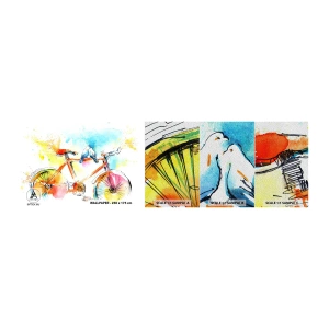 Fotobehang Monster Premium Sand - Fietsen voor twee - Abstractie, Fiets, Vogels - 100x30 cm