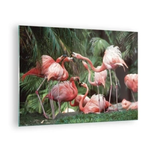 Schilderen op glas - Flamingo's tussen tropische vegetatie in levendige kleuren - 70x50cm - Middag roddels - Moderne wanddecoratie voor woonkamer en slaapkamer ARTTOR