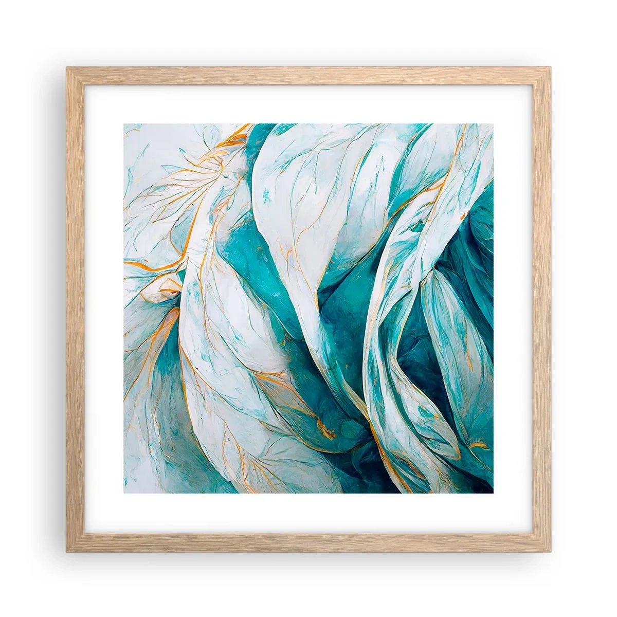 Een poster in een licht eiken lijst - Blauwe abstractie met een gouden motief - 40x40 cm