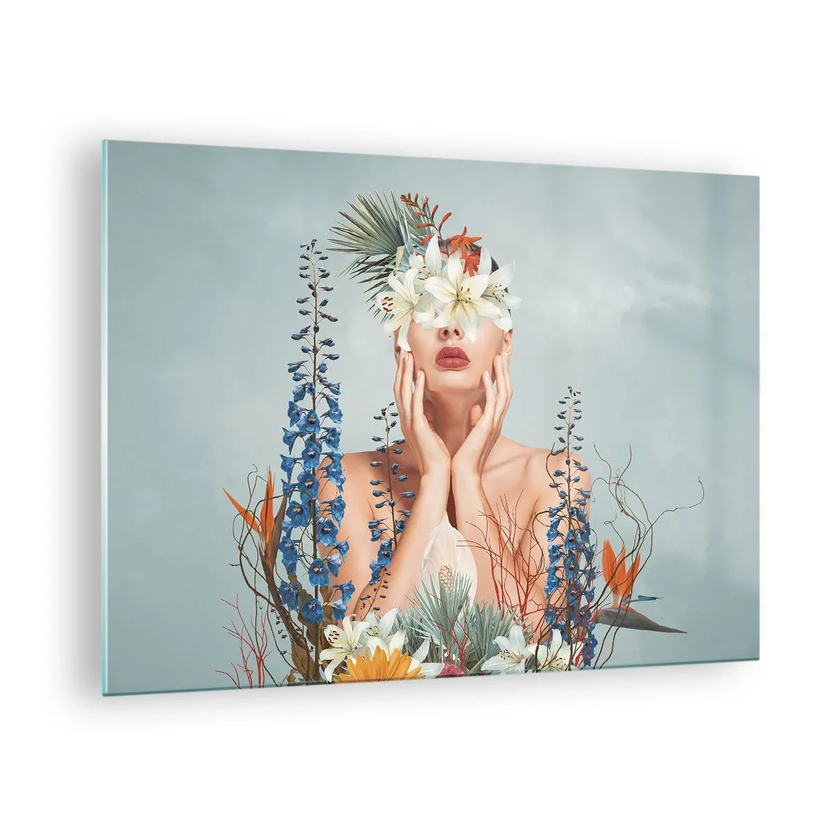 Schilderen op glas - Figuur van een vrouw met een bloemenkrans en een bloemstuk - 70x50cm - Vrouw - bloem - Moderne wanddecoratie voor woonkamer en slaapkamer ARTTOR