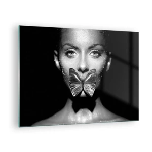 Schilderen op glas - Portret van een vrouw met een vlinder op haar lippen in zwart-wit - 70x50cm - Vlinder kus - Moderne wanddecoratie voor woonkamer en slaapkamer ARTTOR