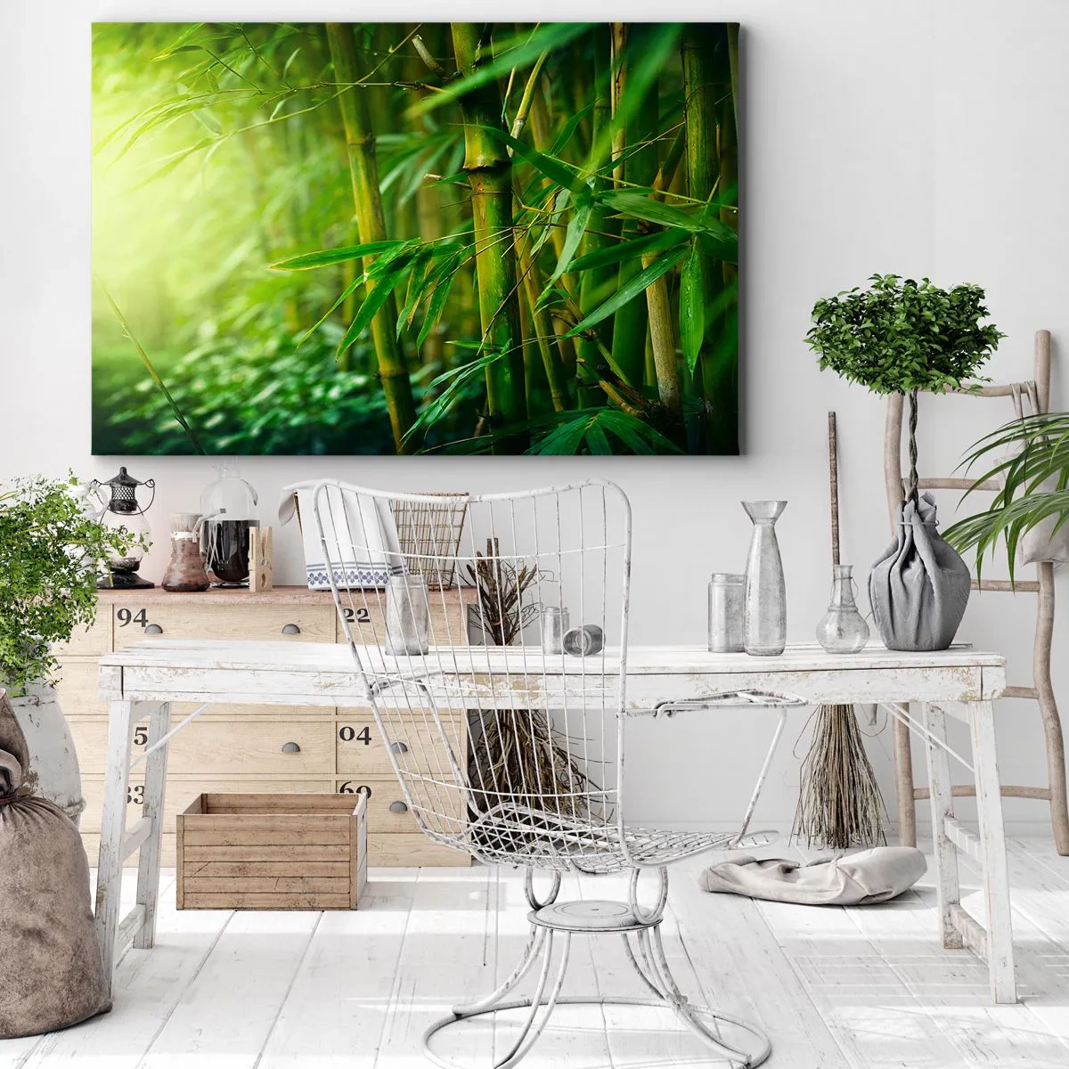 Schilderen op canvas - Groen bamboebos in zacht licht - 70x50cm - Maak kennis met groen zelf - Moderne wanddecoratie voor woonkamer en slaapkamer ARTTOR