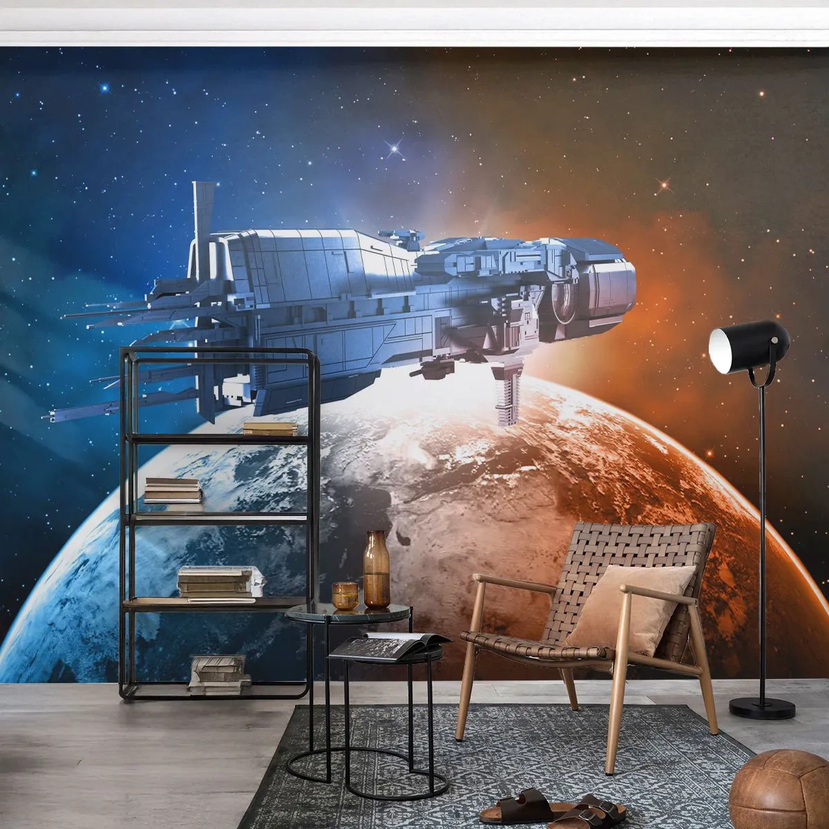 Fotobehang Standard Eco - Een ruimteschip in de ruimte boven de planeet - 100x70cm - Een zorgvuldige waarnemer - Moderne wanddecoratie voor woonkamer en slaapkamer ARTTOR