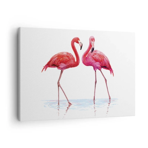 Schilderen op canvas - Een paar flamingo's in het water tegen een lichte achtergrond - 70x50cm - Roze randez-vous - Moderne wanddecoratie voor woonkamer en slaapkamer ARTTOR
