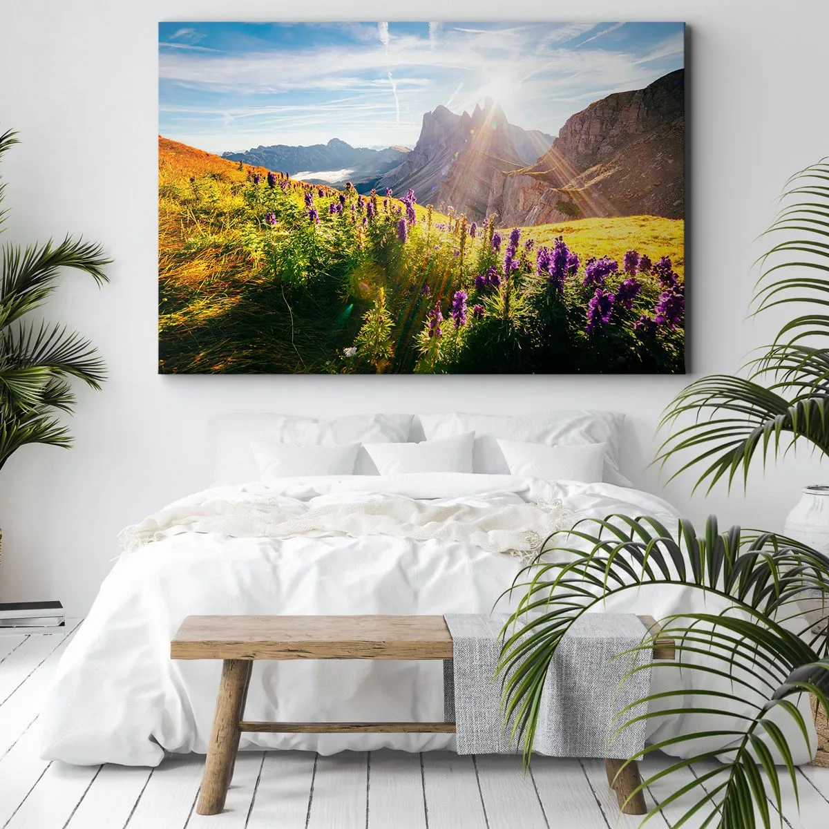 Schilderen op canvas - Berglandschap met bloemen in het licht van de opkomende zon - 70x50cm - Het geheime leven van kruiden - Moderne wanddecoratie voor woonkamer en slaapkamer ARTTOR
