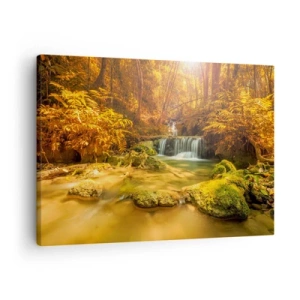 Schilderen op canvas - Een gouden waterval in een herfstbos omgeven door groen - 70x50cm - Boscascade in goud - Moderne wanddecoratie voor woonkamer en slaapkamer ARTTOR