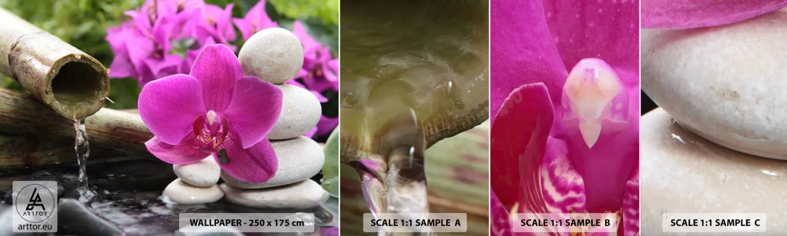 Fotobehang Monster Zelfklevend Deluxe Sticker - Je bent al aan het rusten - Bloemen, Bamboe, Orchidee - 100x30 cm