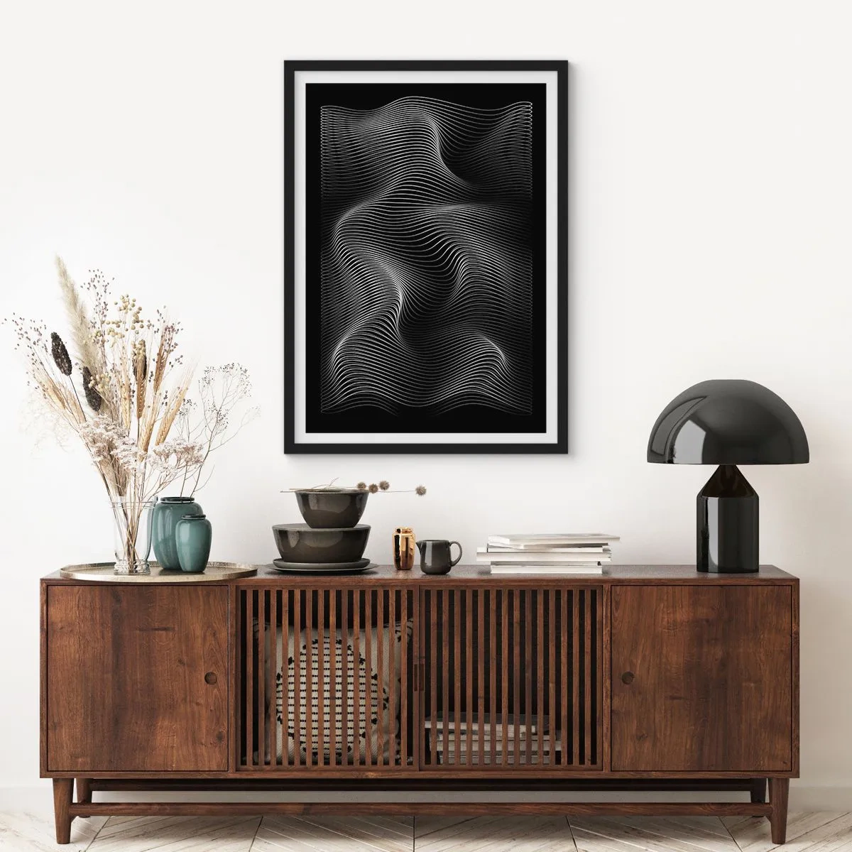 Poster in een zwarte lijst - Dans van licht in de ruimte - 70x100 cm