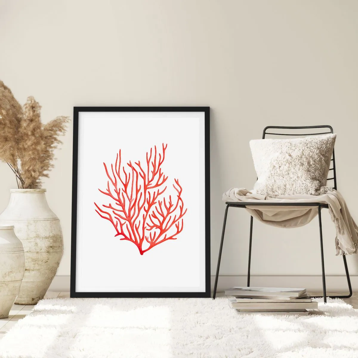 Poster in een zwarte lijst - Rood koraal op een witte achtergrond in een minimalistische stijl - 50x70cm - Koraal filigraan - Moderne wanddecoratie voor woonkamer en slaapkamer ARTTOR