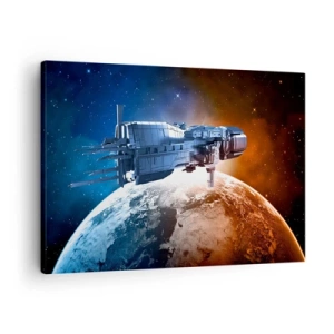 Schilderen op canvas - Een ruimteschip tegen de achtergrond van een planeet in de ruimte - 70x50cm - Een zorgvuldige waarnemer - Moderne wanddecoratie voor woonkamer en slaapkamer ARTTOR