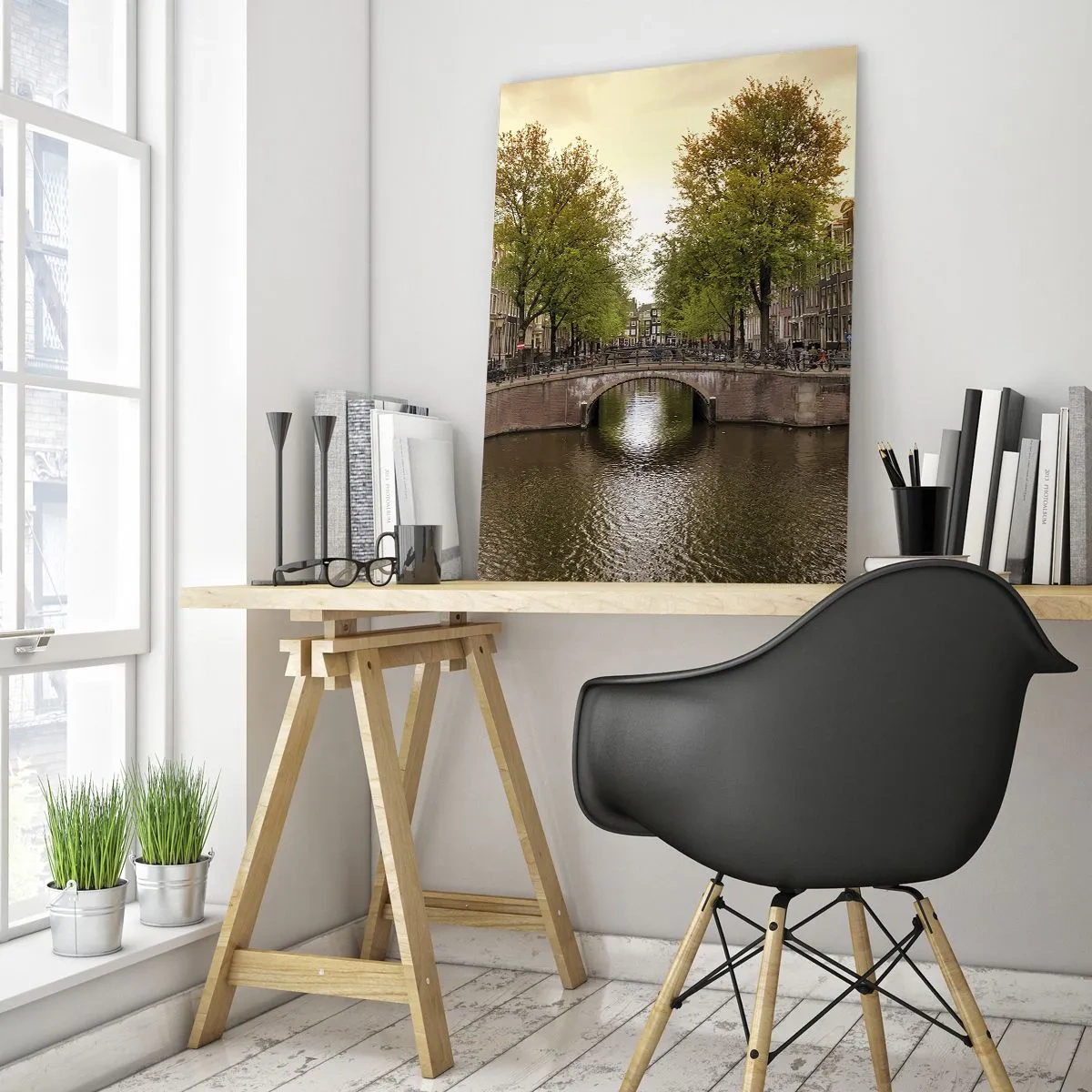 Schilderen op glas - Met de boot of met de fiets? - 80x120 cm
