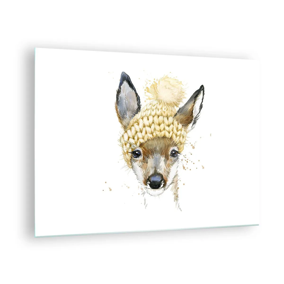 Schilderen op glas - Een ree in een wollen muts met een pompon - 70x50cm - Voor de winter in een besneeuwd bos - Moderne wanddecoratie voor woonkamer en slaapkamer ARTTOR
